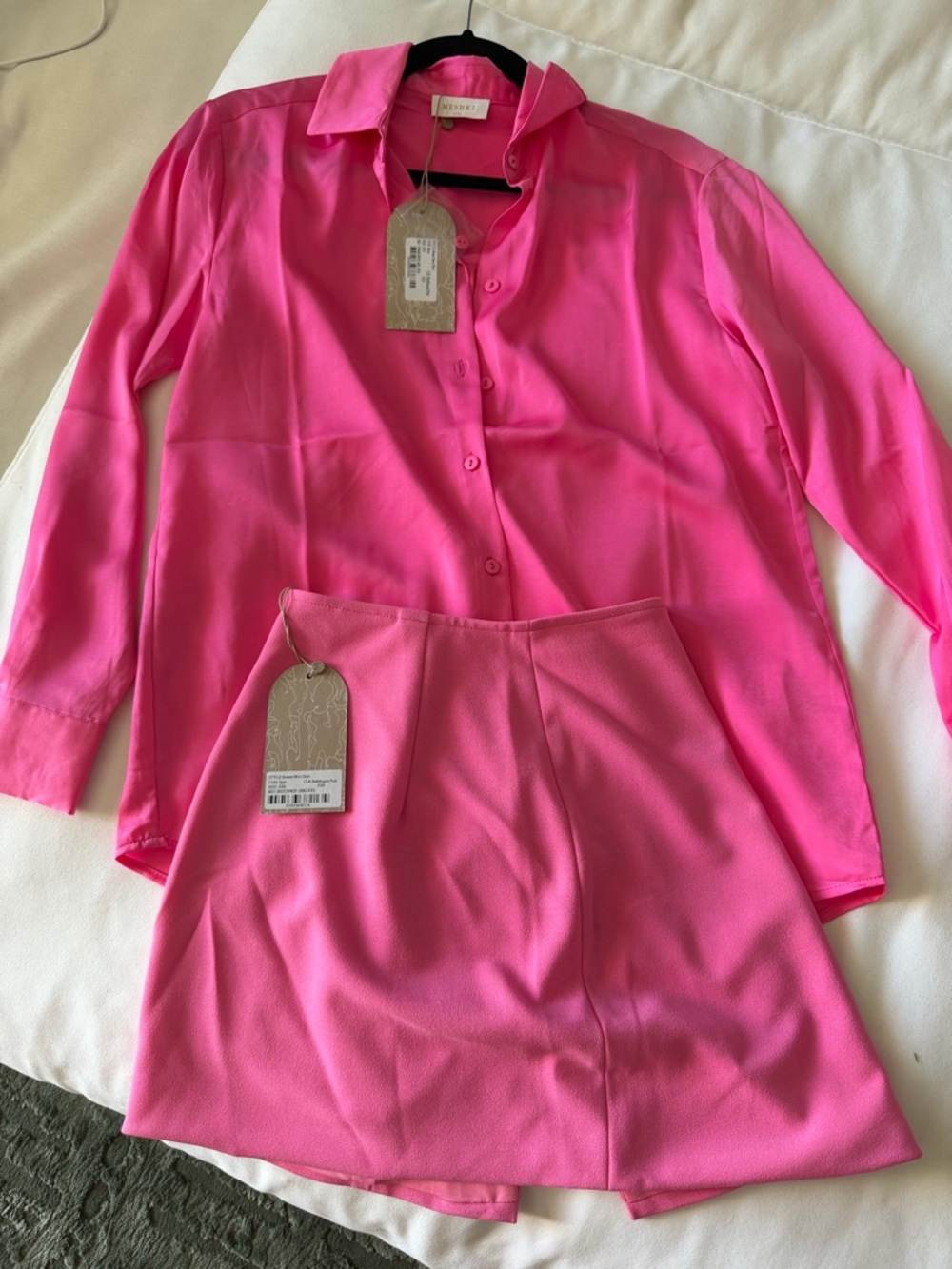 Meshki Hot Pink Button-Down Shirt and Mini Skirt Set